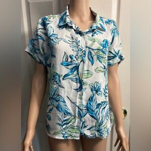 Tahari Blue and Green Floral Button Down Shirt